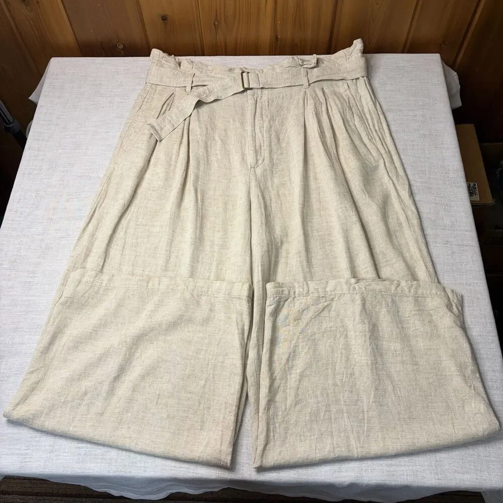 Banana Republic Linen Blend Pants Sz 18 Wide Leg Belted Coastal Paper Bag Waist